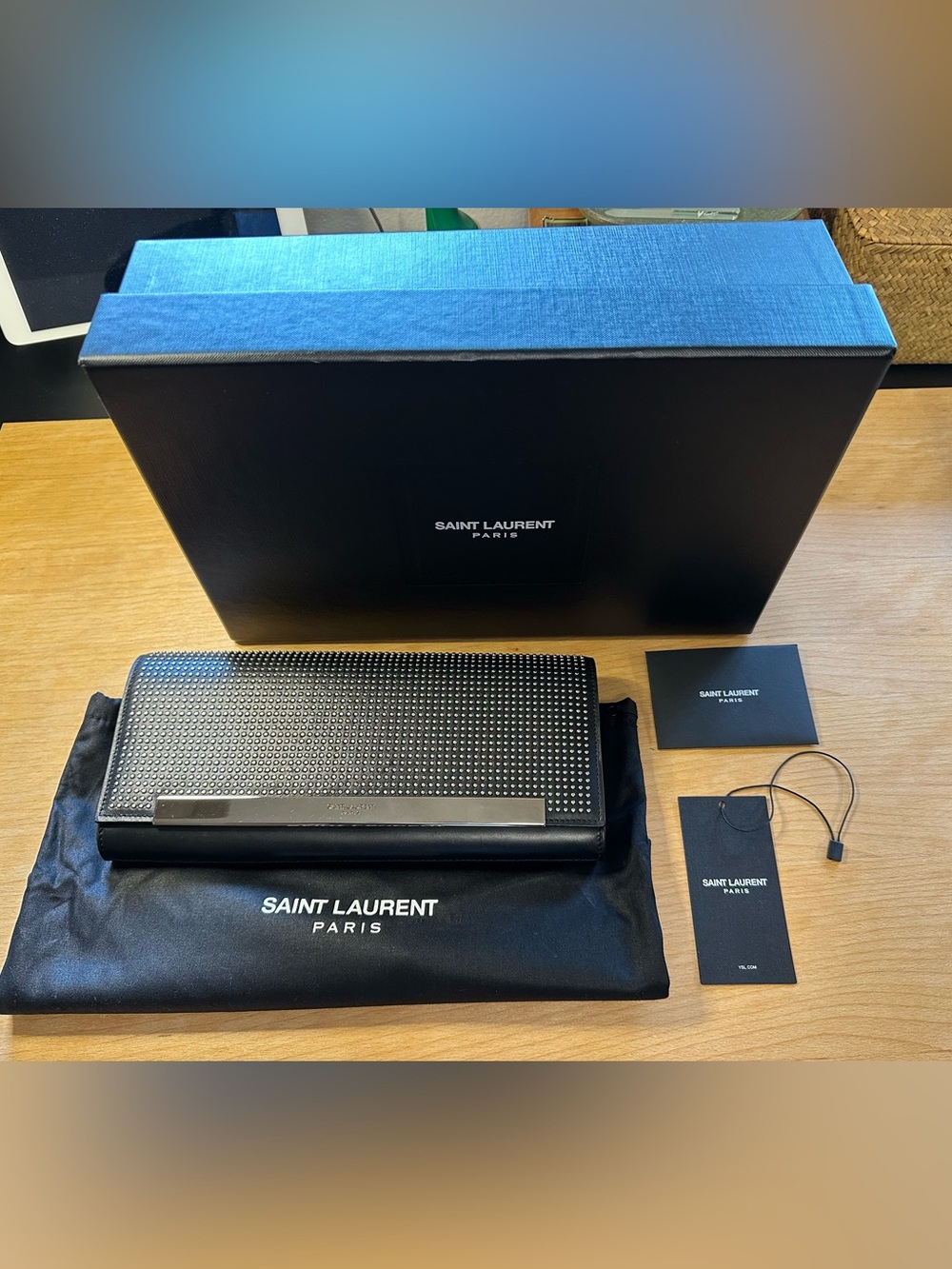 Rare YSL SAINT LAURENT Lutetia Black Calf Skin Studded Clutch